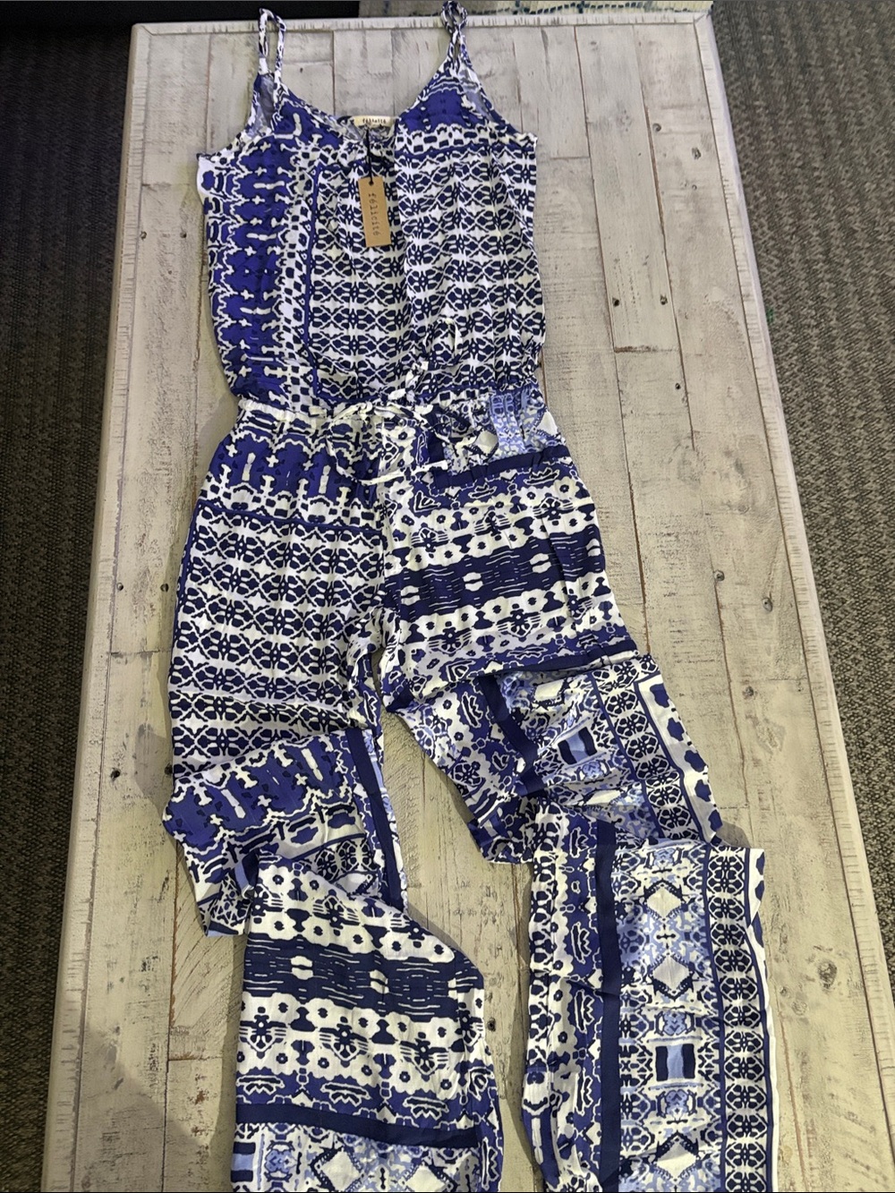 Blue & White Printed Spaghetti-Strap Jumpsuit